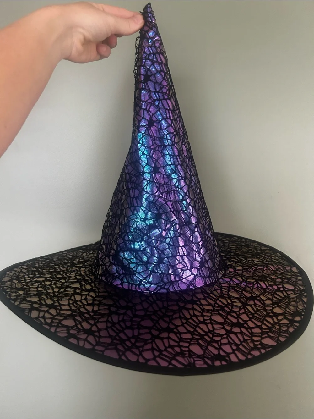 Spirit Halloween Iridescent Purple Blue Witch Hat Black Lace Spiderweb